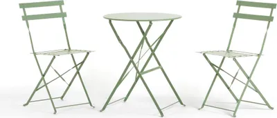 Immagine prodotto di Set da balcone con tavolo pieghevole Ø60 cm e 2 sedie pieghevoli in metallo - design moderno, compatto e robusto per balconi, patii, verande, bar e bistrot - DIEGO + FRIDA - Pistacchio