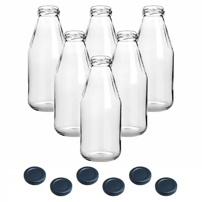 Produktbild von gouveo 6er Set Saftflasche 500 ml mit Schraub-Deckel schwarz-matt BS - Glasflasche 0,5 l mit TO43 Verschluss - Leere Flasche zum Befüllen