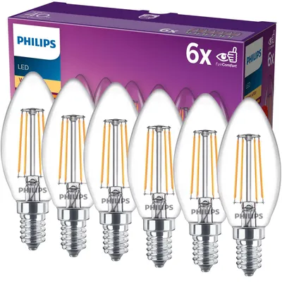 Zdjęcie produktu dla Philips Świeczka żarnikowa przezroczysta 40 W B35 E14 x6, 4 W, 40 W, E14, 470 lm, 15000 h, Ciepłe białe