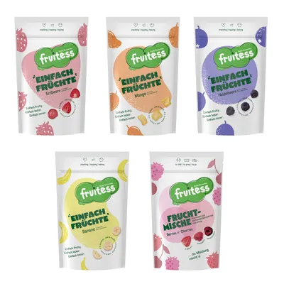 Produktbild von Gefriergetrocknete Früchte 5er-Pack FRUITESS Erdbeere, Banane, Mango, Heidelbere, Barries 'n' Cherries Knuspriger Snack Vegan 170g