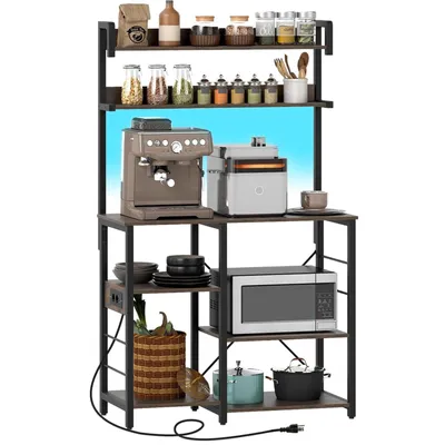 Immagine prodotto di Scaffale da cucina KOMFOTTEU con illuminazione LED e prese di corrente, scaffale per microonde con ripiani, scaffale in piedi 90 x 40,5 x 147 cm, supporto per microonde, scaffale multifunzionale autoportante per cucine eda pranzo