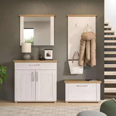 Produktbild von Garderobenset mit Garderobenpaneel & Schuhschrank in Lärche & Eiche im Landhaus-Stil, 4-teilig - VISOKO-158