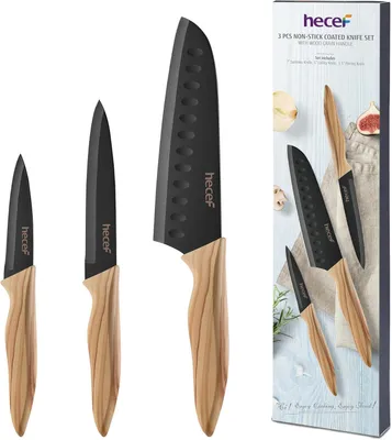 Imagen del producto de Juego de cuchillos de 3 piezas, acero inoxidable, con mango de madera de olivo, que incluye: cuchillo de cocina, cuchillo para verduras y pelador, ideal para la cocina