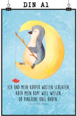 Produktbild von Mr. & Mrs. Panda Bild Pinguin Mond DIN A1 - Eisblau - Geschenk, wanddeko, schlafen, Neugierig, drucke, Schlafzimmer, Plakat, kunstdruck poster, Süßigkeiten, Wandbild