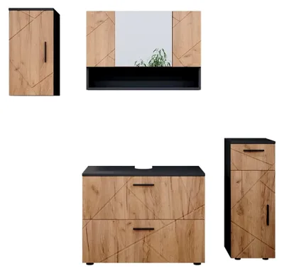 Produktbild von Badmöbel-Set Irma, Goldkraft Eiche/Anthrazit, 80 cm, bestehend aus Waschbeckenunterschrank, Spiegelschrank, Midischrank und Hängeschrank