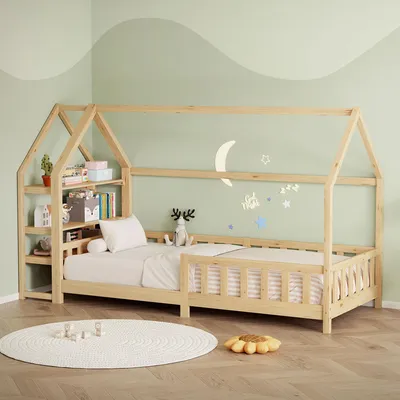 Produktbild von ML-Design Kinderbett 90x200cm mit Rausfallschutz, Regal, Dach & Lattenrost Natur Montessori Bodenbett aus massivem Kiefernholz Hausbett Bettenhaus