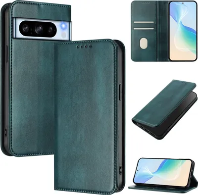 Produktbild von Handyhülle für Google Pixel 8 Pro, Vintage Leder RFID Schutz Kartenfach Standfunktion Magnetische Klapphülle Grün