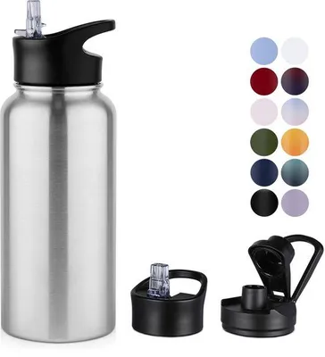 Produktbild von Stahl-Thermosflasche 1L, inkl. 2 Deckeln, mit Griffelement, BPA-frei, leckgeschützte Thermosflasche, für Säurehaltige Getränke, Thermosflasche mit Vakuum-Doppelwand-Isolierung für Sport, Reisen, Camping.