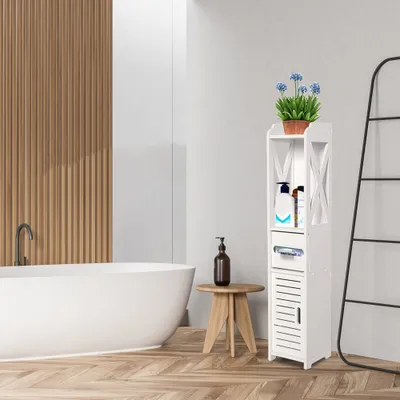 Produktbild von Badezimmer-Unterschrank,Schmaler Badezimmer-Seitenschrank mit Türen und Regalen 15cm breites Bodenregal Küchenregal 20x15x80cm Weiß