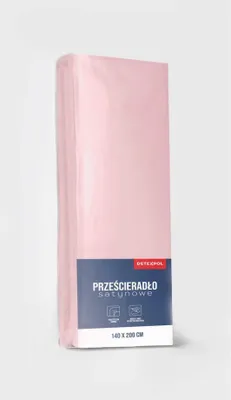 A folded pink satin fitted sheet is presented against a plain white background.