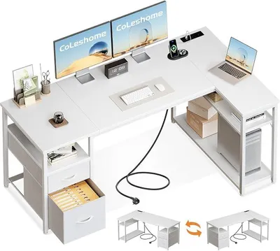 Produktbild von Schreibtisch mit 2 Schubladen und Regal, 160×80 cm Eckschreibtisch mit Stauraum und Steckdose, Umkehrbarer Gaming Tisch für Homeoffice & Familienecke, Weiß