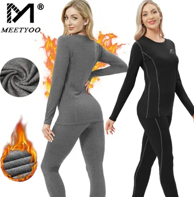 Produktbild von Damen Funktionsunterwäsche Sets Thermounterwäsche Skiunterwäsche mit Innenfleece Ultraleicht Unterteil und Oberteil lang Schwarz L