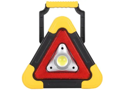 A triangular warning light with a built-in LED flashlight and a power bank function.