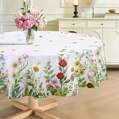 Produktbild von Tischdecke Rund 140 cm Frühling Blumen Blätter Schmetterlinge