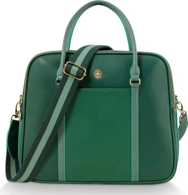 A green handbag is shown against a white background.