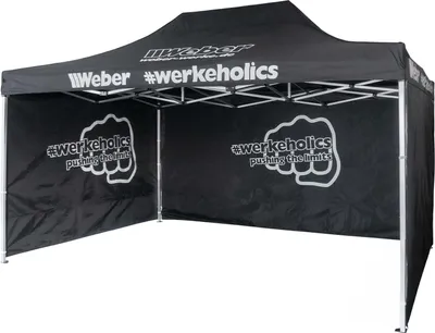 A black pop-up tent with white branding and graphics, set up on a white background.