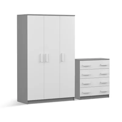 Produktbild von Drehtürenschrank und Kommode 2er-Set JONAS II 19/JONAS I 02 Grau/Weiß weiße Griffe