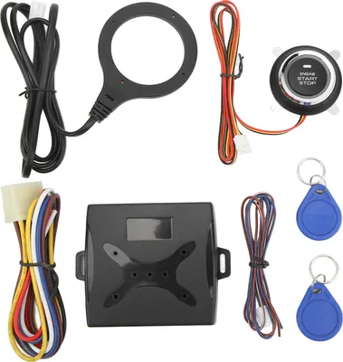 A collection of car engine start stop system components laid out on a white background.