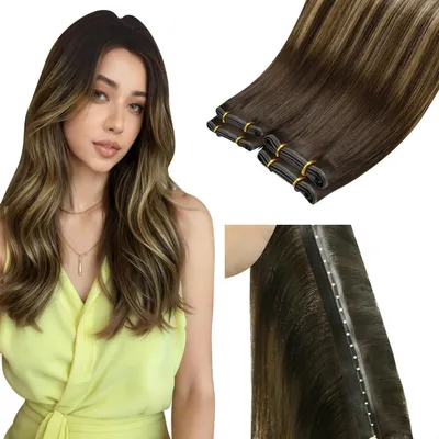Obrázek produktu pro Příčesy z přírodních vlasů, tmavě hnědé barvy s melírem balayage, karamelově blond, délka 60 cm, hmotnost 100 g
