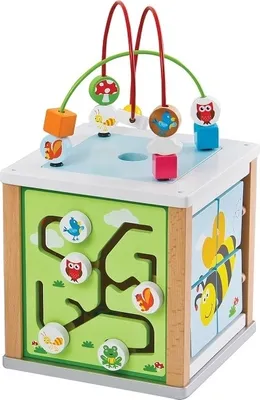 Produktbild von Lelin  Holz - Motorikwürfel Activity Cube. Auf 5 Seiten bespielbar - mit Puzzle, Labyrinth, Steckspiel...