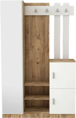 Produktbild von Eingangsmöbel Australis, Moderner Eingang, Wandgarderobe, Multifunktions-Aufbewahrungskonsole, 114x38h180 cm, Eiche und Weiß