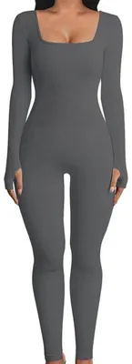 Imagen del producto de Mono largo de manga larga para mujer, cuello cuadrado, estilo deportivo, corte ajustado y elástico