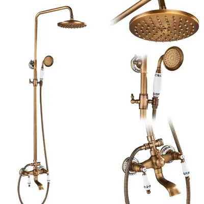 A collage of images showing a vintage-style brass shower fixture with a handheld showerhead and a rainfall showerhead.