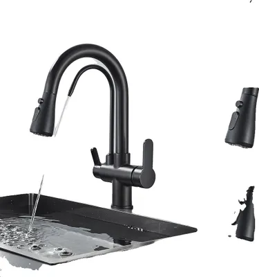 Obrázek produktu pro Kuchyňská baterie, výsuvný výtok, dvojité madlo, matná černá