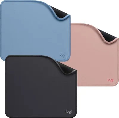 Three Logitech mouse pads in different colors are arranged in a layered composition against a white background.