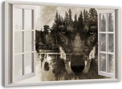 Produktbild von Leinwandbild wolf im fenster 100x70 cm Feeby braun wandbild bereit zum aufhängen