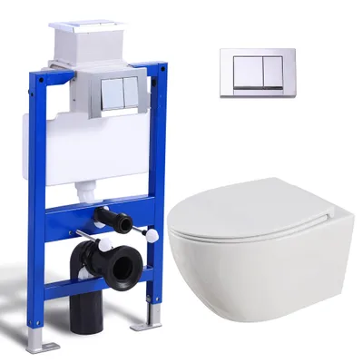 Produktbild von Komplett Vorwandelement Toilette Set - 82cm Unterputzspülkasten + Hänge WC Wand Toilette + Rechteckig Chrome Drückplatte HOROW