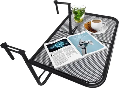 Zdjęcie produktu dla Outsunny Balkonowy Stolik Wiszący z Regulowaną Wysokością w 3 Pozycjach, Metalowy, Odporny na Warunki Atmosferyczne Stolik Boczny na Balkon, Taras, Balkon Stolik Wiszący 60 x 56,5 cm, Czarny