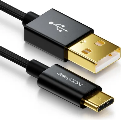 Produktbild von deleyCON 2m USB-C Kabel - Ladekabel Datenkabel - Nylon + Metallstecker - USB C auf USB A - Kompatibel mit Apple Samsung Google Huawei Xiaomi Tablet Laptop PC - Schwarz