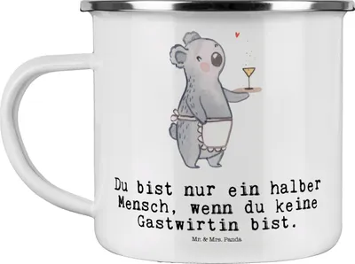 Produktbild von Mr. & Mrs. Panda Pott Gastwirtin Herz - Weiß - Geschenk, Emaille Becher, Gaststätte, Bar, Kaffeepott, Tasse, Haferl, Rum, Kneipe, Teetasse