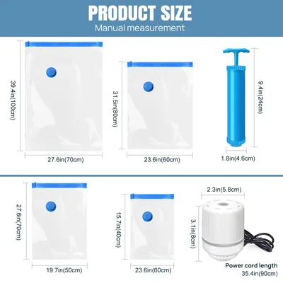 Zdjęcie produktu dla Worki próżniowe do przechowywania – do ubrań i pościeli – zestaw 12 sztuk – wielokrotnego użytku – z uszczelką próżniową – 4 rozmiary: 40×60, 50×70, 60×80, 70×100 cm