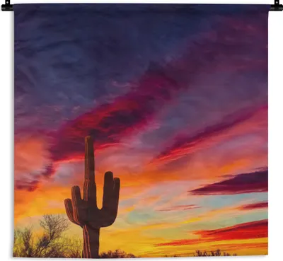 Produktbild von MuchoWow® Wandteppich Wandbehang Kaktus - Himmel - Sonnenuntergang - Lila - Rosa 150x150 cm Tapisserie Dekoration Wandtuch - Wohnaccessoires - Modernes