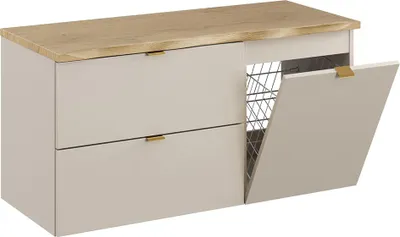 Produktbild von Badezimmer Waschtischunterschrank mit 100 cm Breite in kaschmir & Eiche mit Baumkantenoptik, 2 Schubladen & Wäschekorb - DURANGO-56