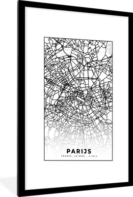 Produktbild von MuchoWow® Gerahmtes Poster Paris - Stadtplan - Schwarz und weiß - Karte 60x90 cm - Poster mit Schwarzem Bilderrahmen Wandposter Rahmen Foto Bilder - Dekoration - Wandposter Wohnzimmer - Hochwertig