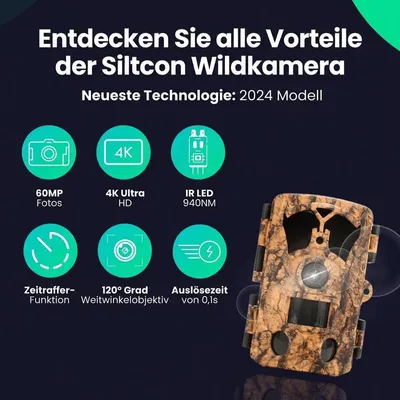 Produktbild von Siltcon® Wildkamera 4K 60MP mit Nachtsicht – Jagdkamera mit Bewegungsmelder – IP67 – 120° Weitwinkel – 64GB SD & Stativ