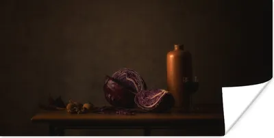 Produktbild von MuchoWow® Poster Stilleben - Rotkohl - Tisch - Malerei - Vase - Dunkelheit - Kunst 160x80 cm - Foto Poster