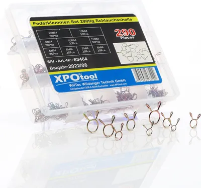 Produktbild von XPOtool Federklemmen Set 290-teilig, Schlauchschelle 5-13 mm z. B. für Kraftstoffleitung, Luftschlauch o.ä., Klemmschellen aus Stahl in Box