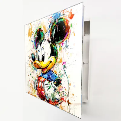 Produktbild von Schlüsselkasten Weiß Metall, bunte Micky Maus Graffiti Motiv hinter Glas, Moderne Schlüsselbox rechtsöffnend, 32x28x6,5 cm, 20 Haken für den Flur.