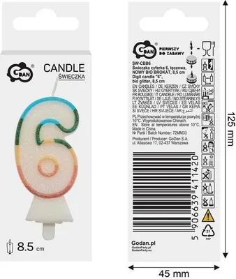 Zdjęcie produktu dla Świeczka cyfra 6 tęczowa 8,5cm
