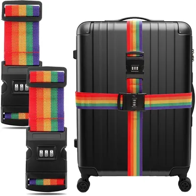 Productafbeelding van 2 bagagebanden, 2 meter en 5 centimeter lang, met cijferslot, in de kleuren van de regenboog en beige