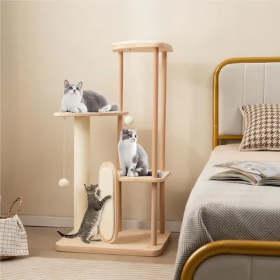Produktbild von Katzenbaum – Kratzbaum – Klettergerüst – Katzenmöbel – Kratzbaum für Katzen – Natürliche Holzfarbe – Mehrere Spielbereiche