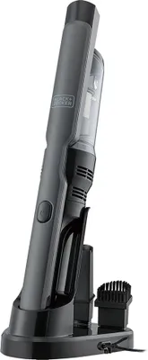 A Black & Decker DVC320B21 Handstaubsauger 12V is shown on its charging base with accessories.