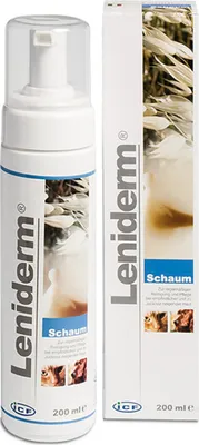 A product shot of a bottle of Leniderm Schaum and its packaging.