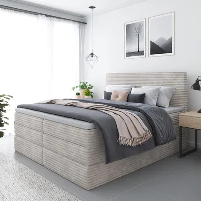 Produktbild von Bett, Boxspringbett ZENO PLUS mit 2-Matrazen und VISCO Topper, Doppelbett, Stauraum, Schlafzimmer, Polsterbett, 200x200 cm (Creme - Tilia 03)