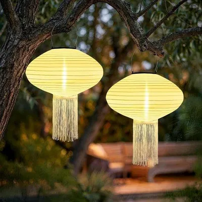 Produktbild von 2 Stück wetterfeste Solarleuchten, 25 cm - Hängende Solar-Lampions - IP65 wasserdichte Nylon-Solarlampen - Warmweiße LED-Lampions