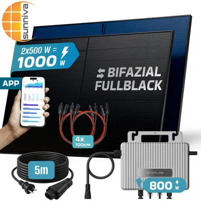 Produktbild von SUNNIVA® 1000W Balkonkraftwerk BIFAZIAL FULLBLACK komplett Steckdose Ecoflow 800W Wechselrichter, PV Solaranlage, 5m Kabel, Bluetooth WIFI